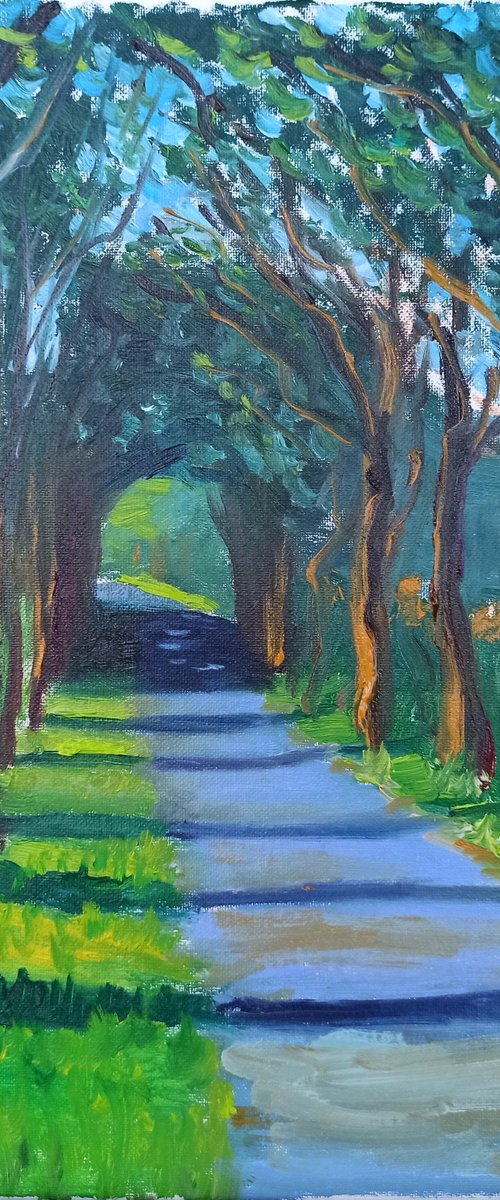 Long evening shadows on the road. Plein Air by Dmitry Fedorov