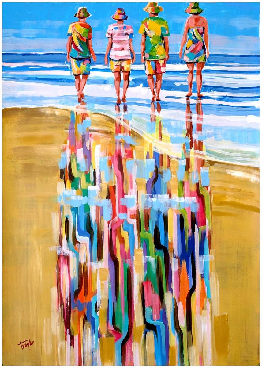 Abstract Portrait Acrylic Painting By Trayko Popov, 28 X 40", On The Beach, Original Artwork