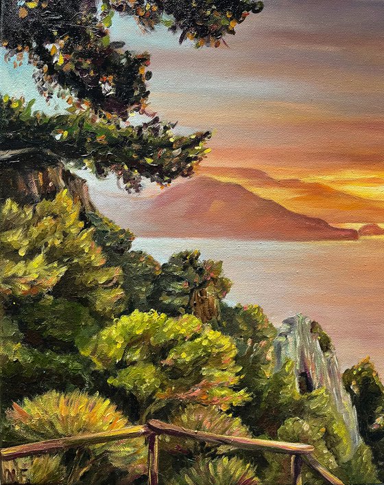 CAPRI SUNSET, Original Italian Landscape Square Horizon Oil Painting