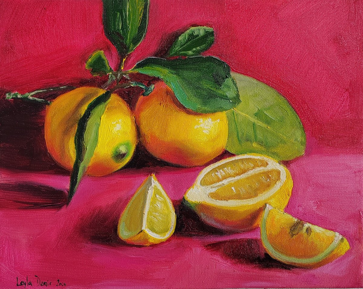 Lemon fruit on bright pink still life oil painting realistic citrus wall decor by Leyla Demir