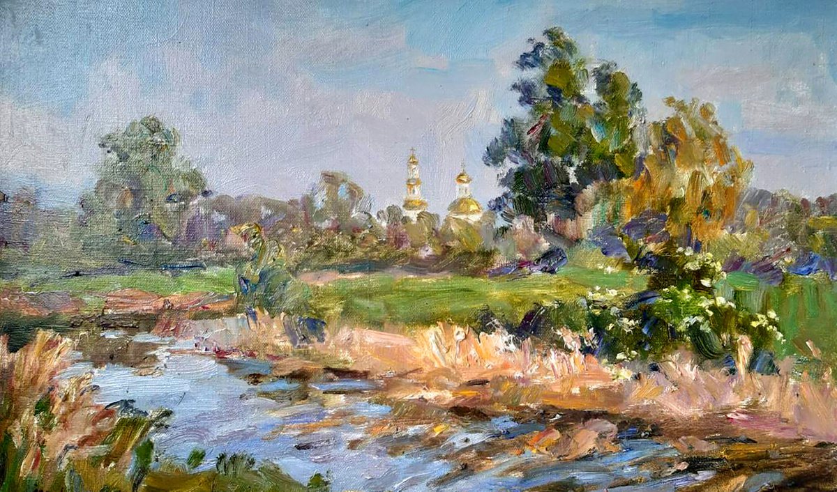 Impressionistic Landscape Oil Painting By Ivan Kovalenko, 20 X 12, A Stream Outside The City, Original Artwork