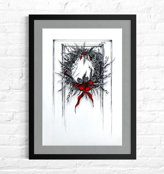 CHRISTMAS WREATH WITH A RED RIBBON