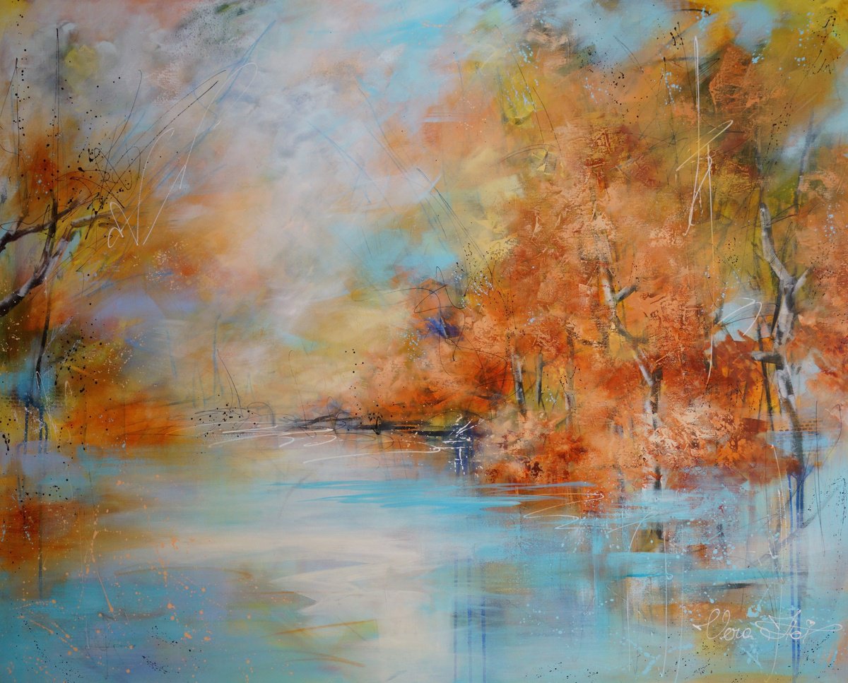 Abstract Landscape Acrylic Painting By Vera Hoi, 57 X 45", "Calm Reflections: Autumn