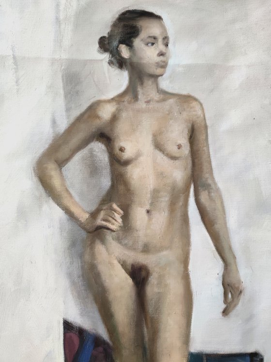 "A teen nude in white."