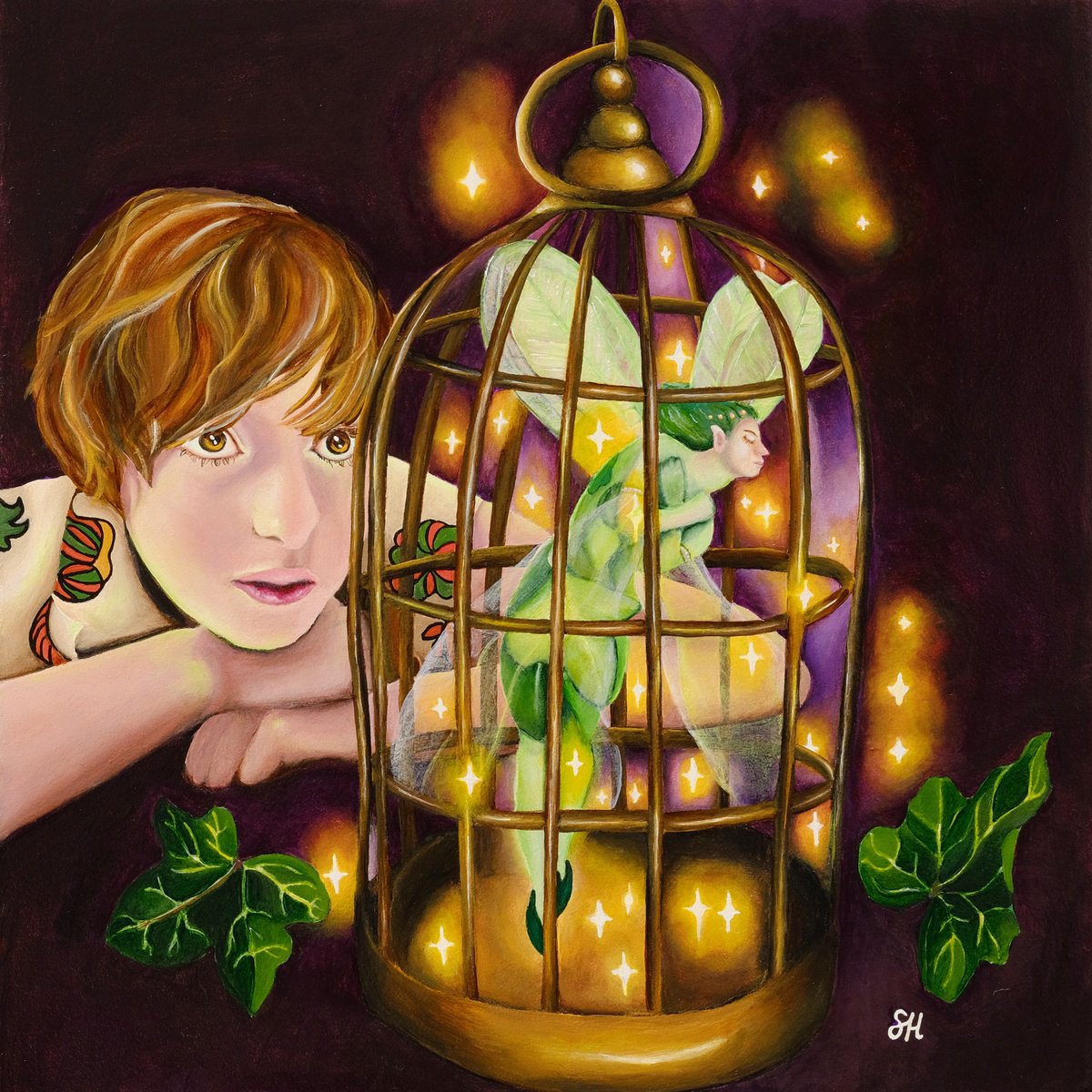 Surrealistic Portrait Acrylic Painting By Saskia Huitema, 8 X 8", A Fairy Tricked, Original Artwork