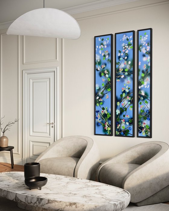 "Movement" large floral triptych on canvas