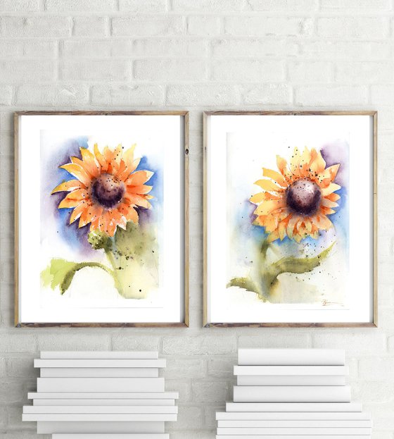 Set of 2 sunflowers (7"x10")x2 original watercolor paintings