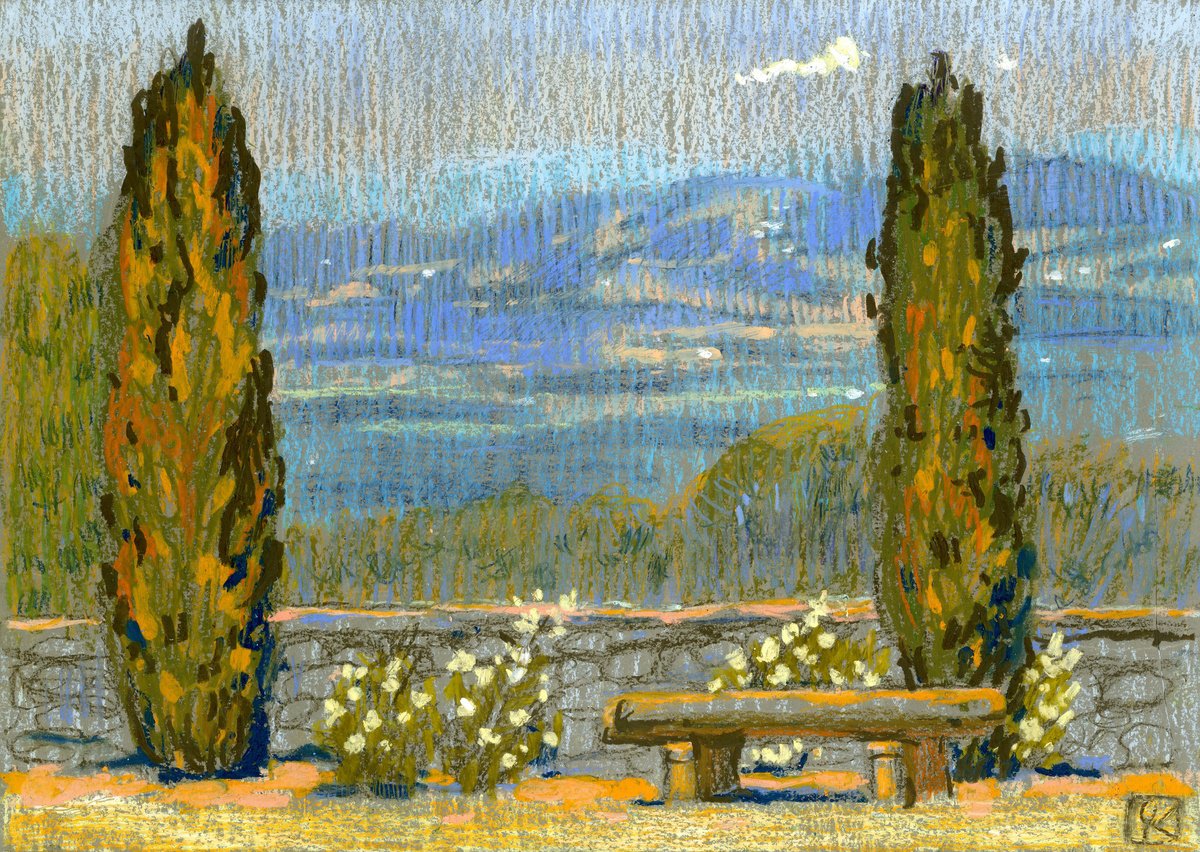 Impressionistic Landscape Pastel Drawing By Olga Kataeva-Rochford, 17 X 12", Auvergne. Sunny Valley With Cypress, Artfinder