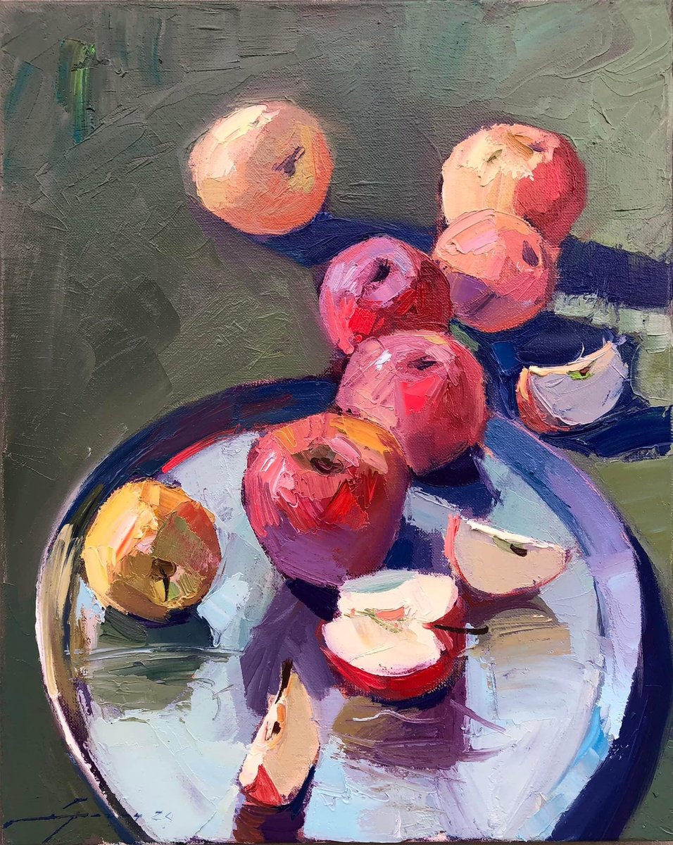 Expressive Still Life Oil Painting By Ivan Dragan, 16 X 20, Apples, Original Artwork