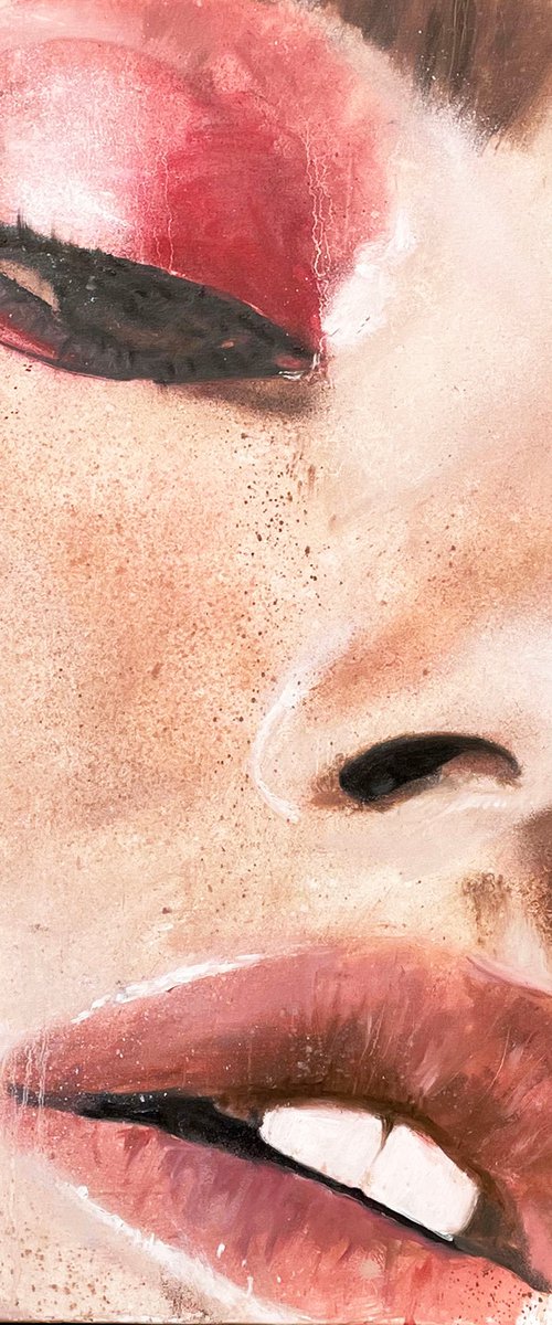 Romance | red make up beauty close up female woman portrait face female portrait contemporary large painting face beautiful model by Renske Karlien Hercules