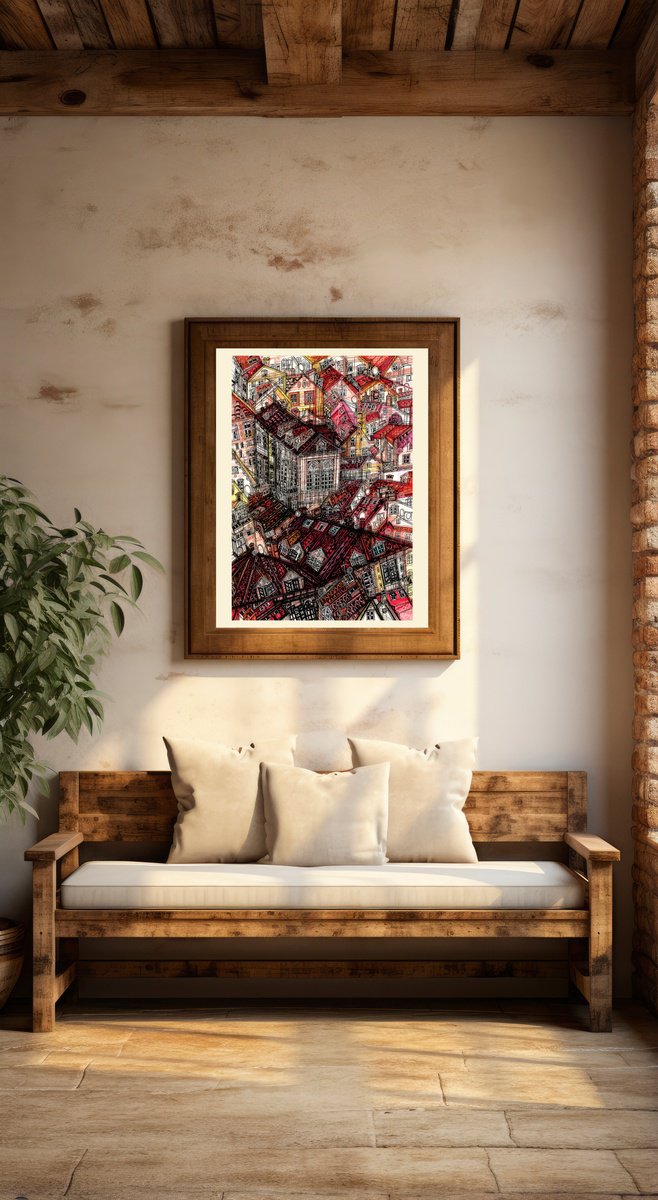 Impressionistic Cityscapes Drawing By Maria Susarenko, 21 X 28", Terracotta Rooftops. Dubrovnik, Original Artwork