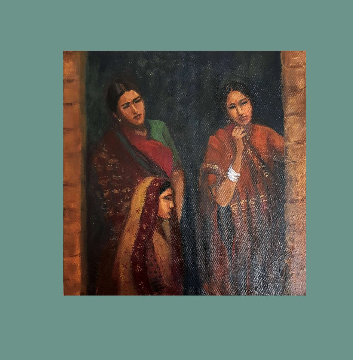 Impressionistic Portrait Acrylic Painting By Asha Shenoy, 10 X 10, Three Rustic Women Of India, Original Artwork