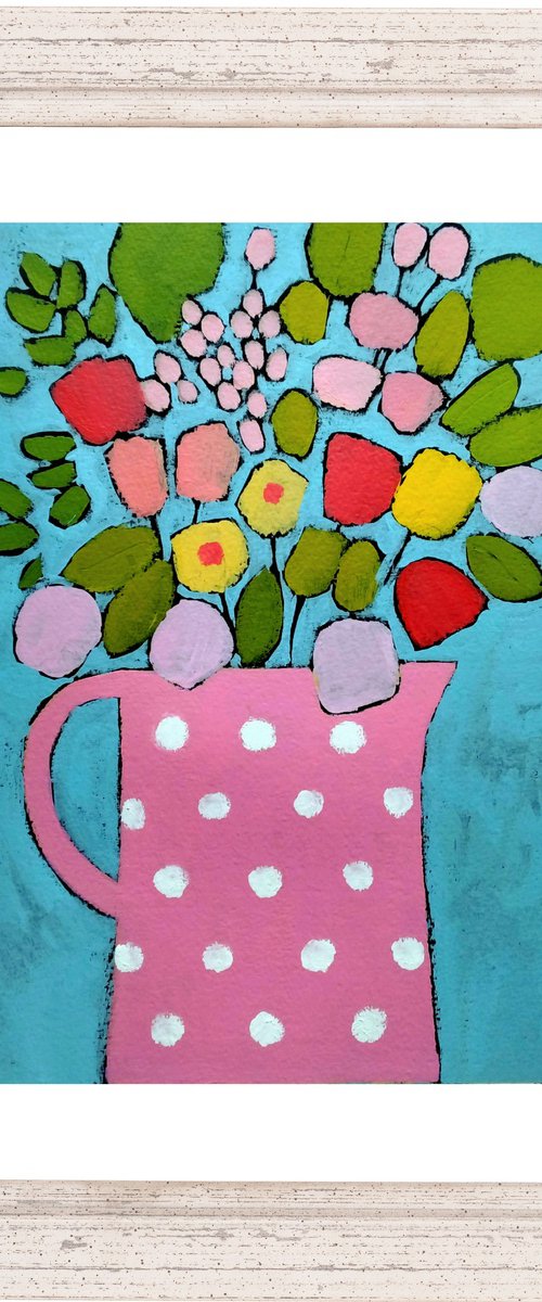 Flowers from the Garden in a Polka Dot Jug by Jan Rippingham