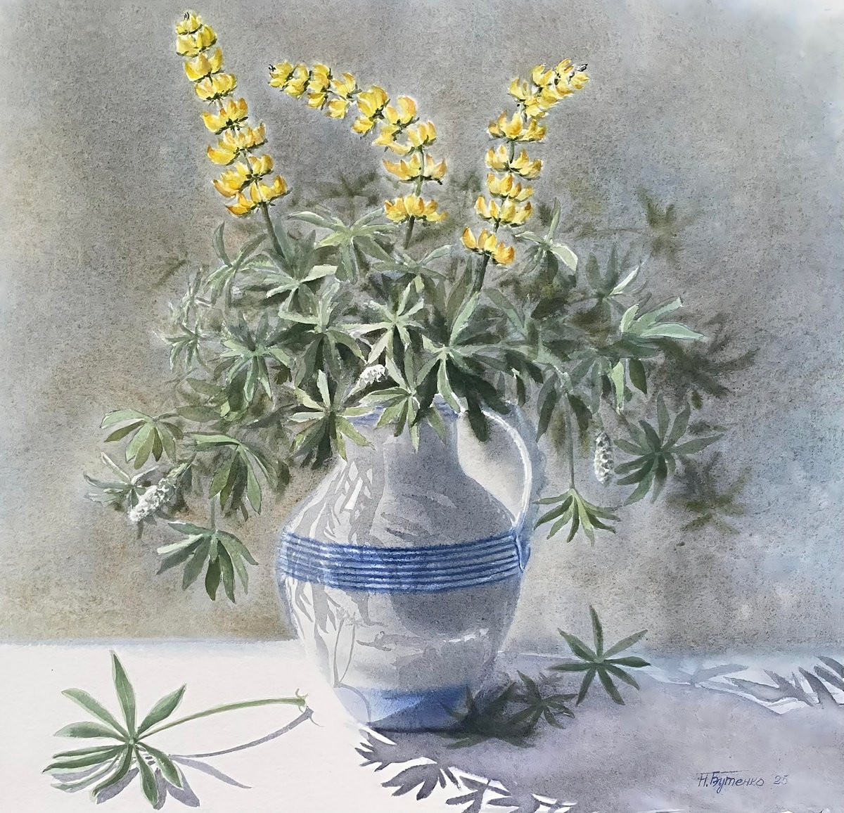 Illustrative Still Life Watercolour By Natalia Butenko, 20 X 19", Whispers Of Wild Lupines,, Original Artwork