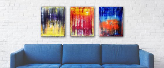 "Elemental" - FREE USA SHIPPING - Original Large PMS Abstract Triptych Oil Paintings On Canvas - 48" x 20"