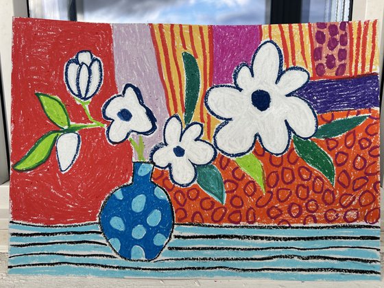 White Flowers in Blue Vase