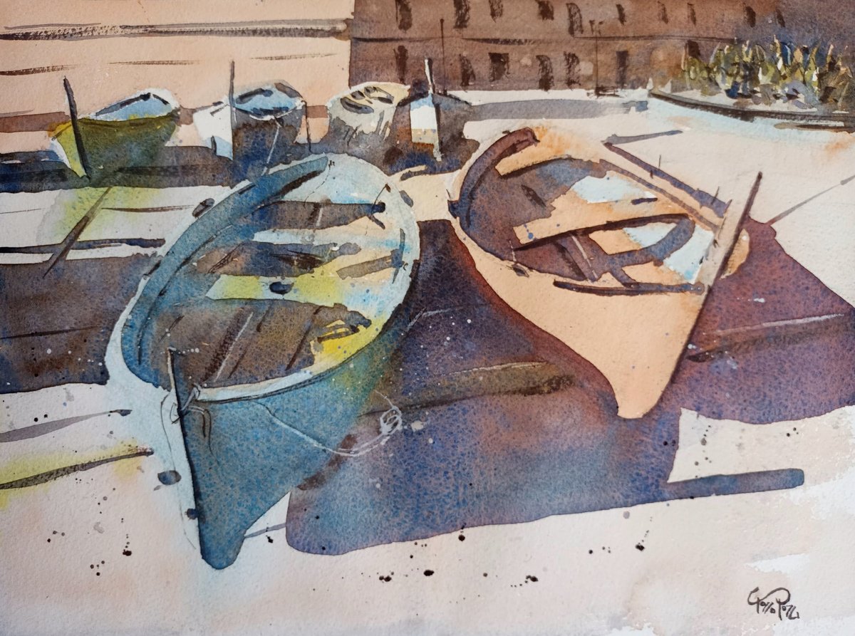 Expressive Landscape Watercolour By Tollo Pozzi, 15 X 11", Boats In Rhyme In Zoagli, Original Artwork