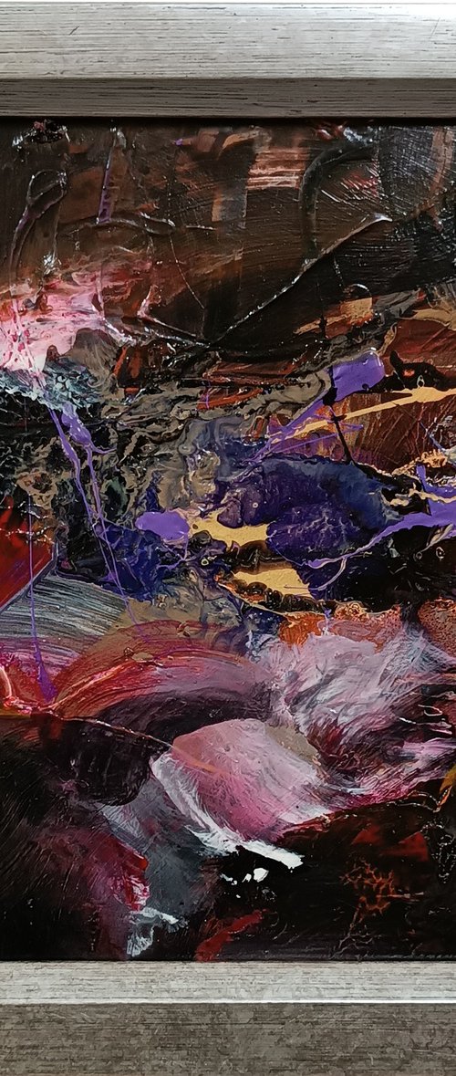 Small size framed oneiric enigmatic abstract painting by master O Kloska by Kloska Ovidiu