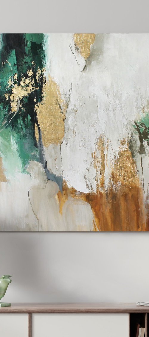 "Green Sobriety 5" Abstract green gold art by Yana Sagan