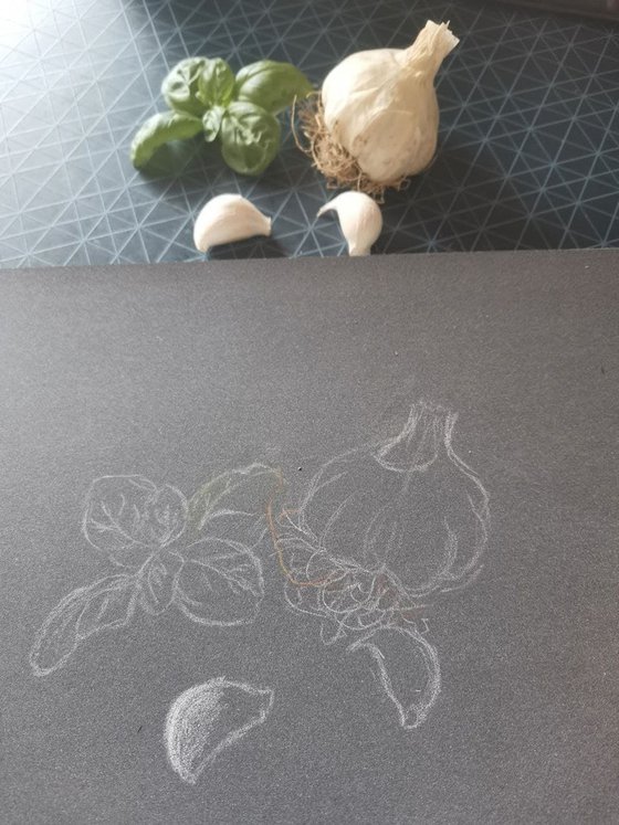 Garlic and basil from life.  24x18 cm. Aglio e basilico.