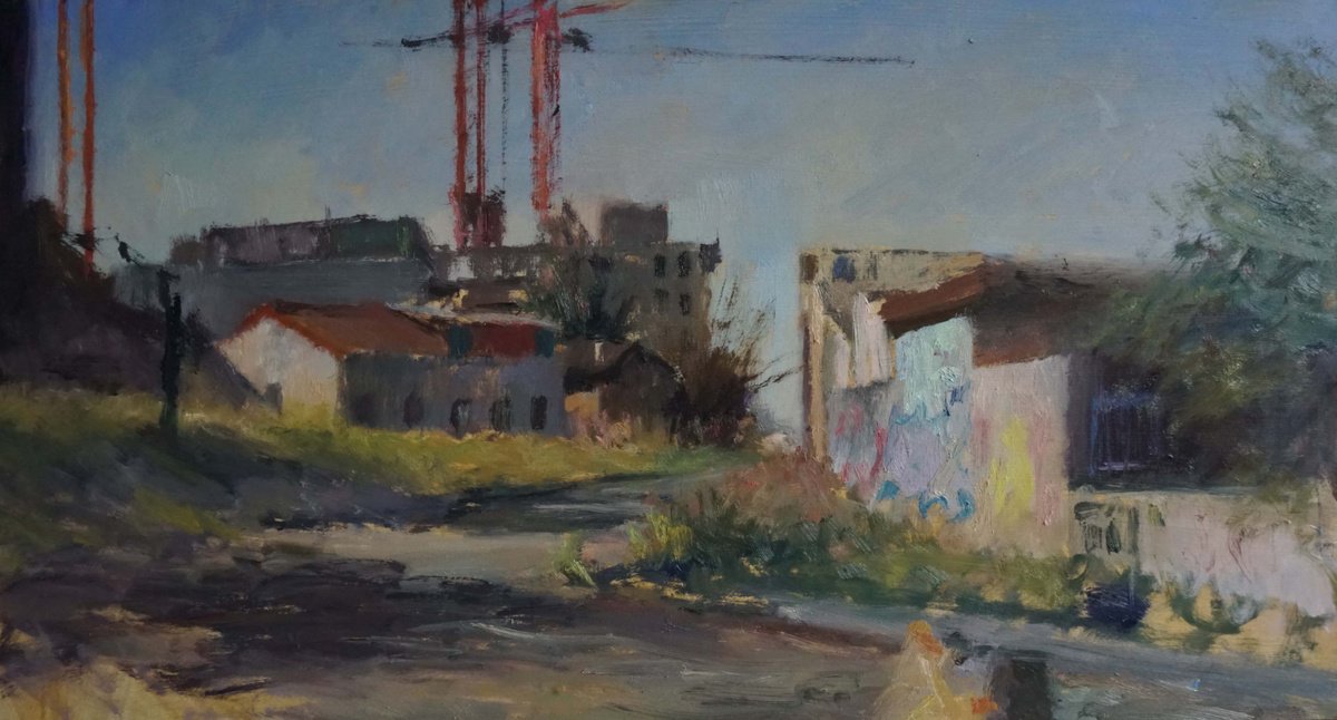 Impressionistic Cityscapes Oil Painting By Manuel Leonardi, 22 X 13", Morning Ivry Sur Seine, Original Artwork