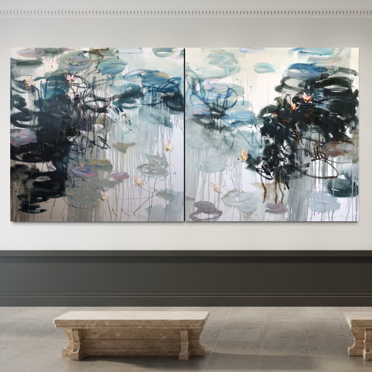 Expressive Oil Painting , Water Lilies Reflections Diptych By Lilia Orlova-Holmes, 94 X 47, Artwork For Sale On Artfinder