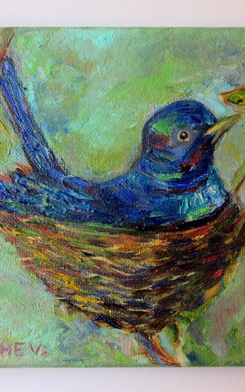 Blue Torquoise Titmouse Painting 6x8in Oil,Pretty Mini Canvas Art,Lady Bird Nest,Inspirational Miniature,Birdwatching,Farmhouse Gallery Wall by Katia Ricci