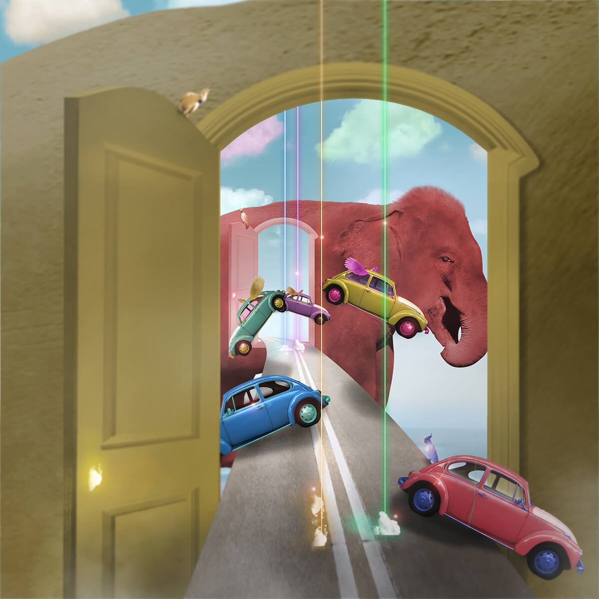 Surrealistic Animal Print By Vanessa T Stefanova, 24 X 24", Elephant Bridge, Original Artwork