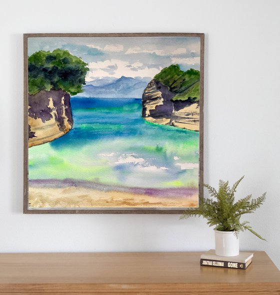 Beach Wall Art, Ocean Painting, Sea Original Watercolor Painting, Greece Landscape Art