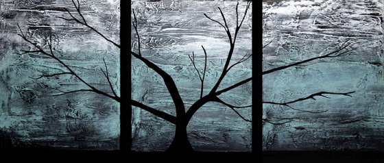 triptych multi color 3 panel wall art color turquoise black white impasto tree in wood "The Tree of life" turquoise edition 3 panel wall abstract canvas abstraction 48 x 20 " other sizes available