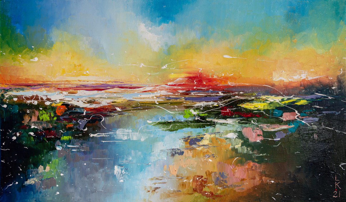 Abstract Landscape Oil Painting By Liubov Kuptsova, 20 X 12", Impression Of The Sea Sunset, Original Artwork