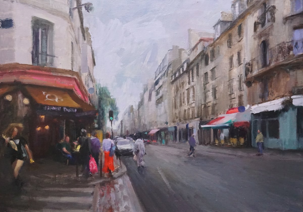 Cityscapes Oil Painting By Manuel Leonardi, 39 X 29", Faubourg St Antoine, Original Artwork