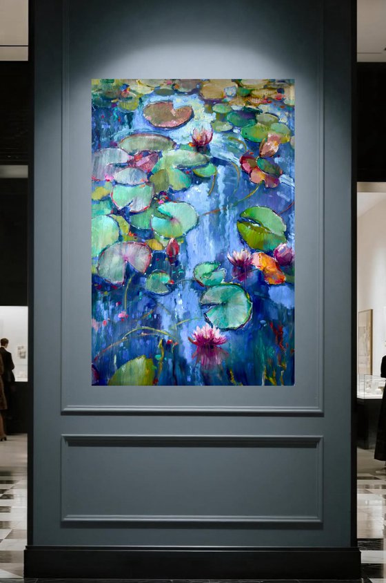 Water lilies on blue water