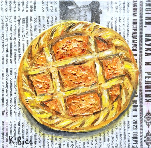 "Apricot Jam Tartlet on Newspaper" Original Oil on Canvas Board Painting 6 by 6 inches (15x15 cm) by Katia Ricci