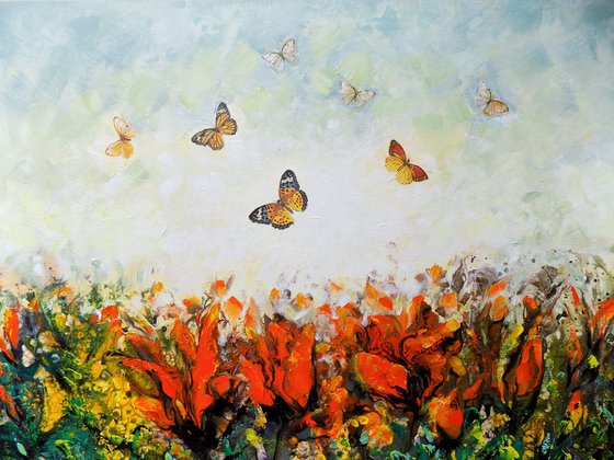 Red flowers and butterflies