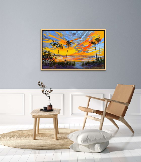 OCEAN SUNSET. Contemporary Florida Sunset Painting in Bold Orange, Purple, Yellow Colors