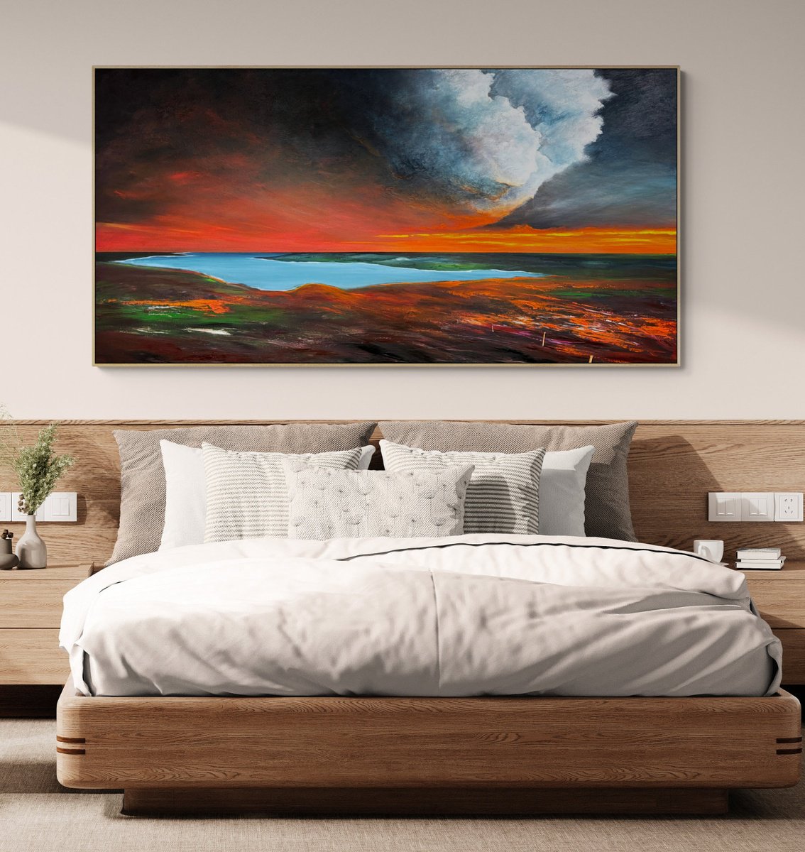 Organic Landscape Acrylic Painting By Tania Chanter, 71 X 35", Embers Beneath The Cloud, Original Artwork