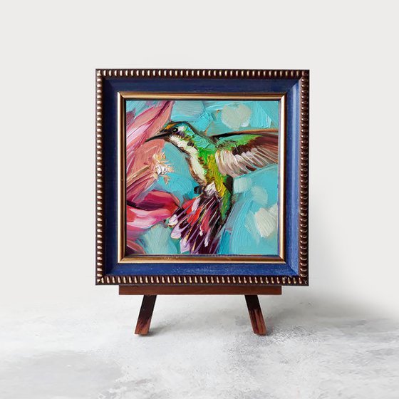 Hummingbird artwork framed oil painting original 4x4, Turquoise red flower small art frame bird lover gift, Housewarming Host gift thank you