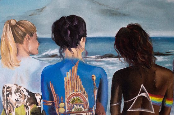 Pink Floyd. Oil painting with famous band.Women,girls.See,mountains and landscape. Sex girls