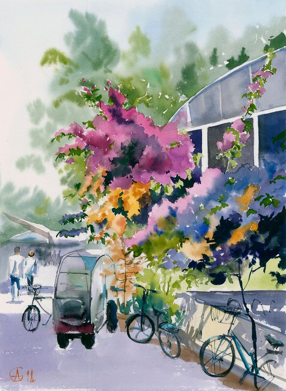 Flowers in bloom. Original watercolor. Small artwork bright flowers sea seaside urban street travel impressionism