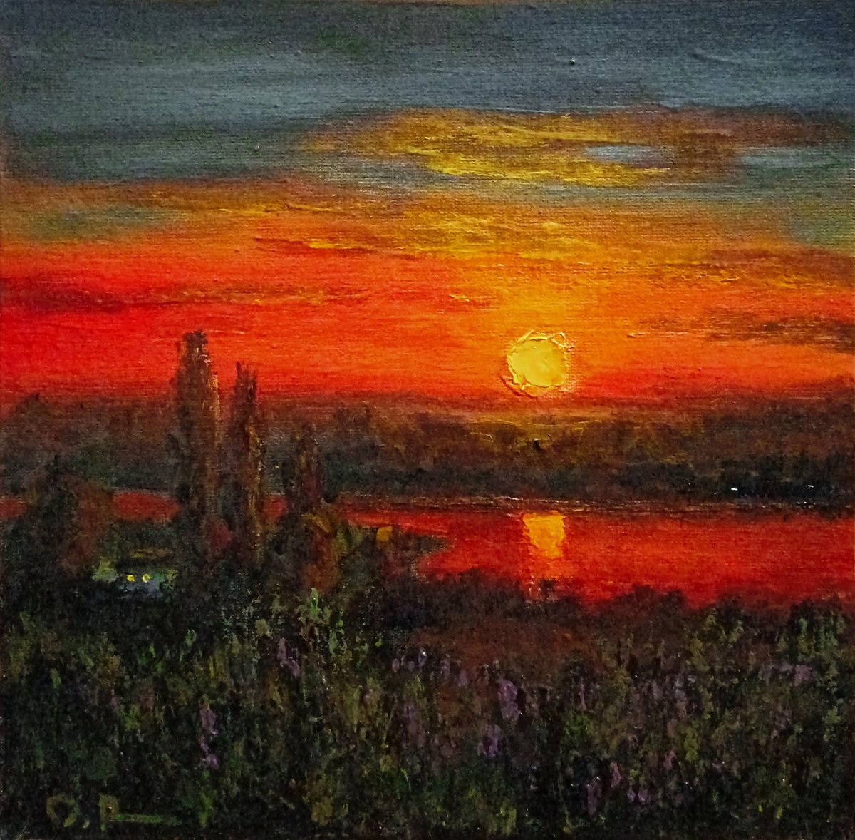 Impressionistic Landscape Oil Painting By Oleh Rak, 10 X 10", Red Sunset, Original Artwork