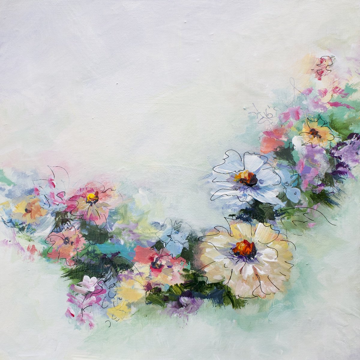 Impressionistic Botanical Acrylic Painting By Karen Hale, 12 X 12", A Day In The Garden, Original Artwork