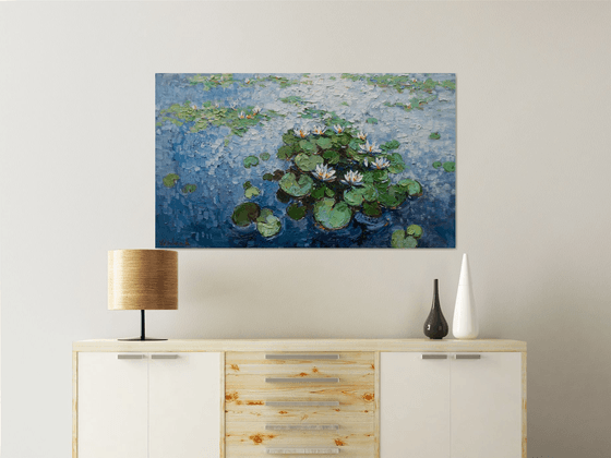 White Water Lilies - Large Original Oil painting 120 x 70 cm