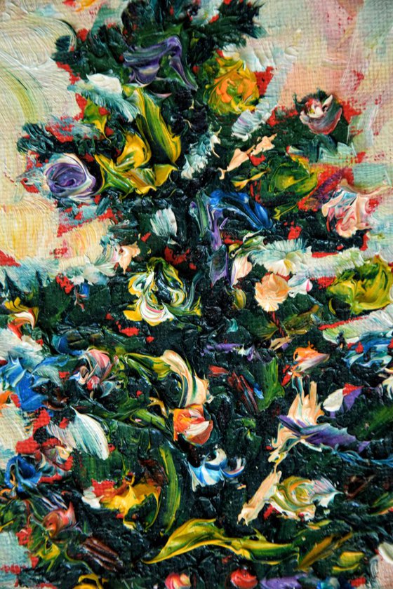 Christmas tree original oil painting on canvas, holiday decor, housewarming gift