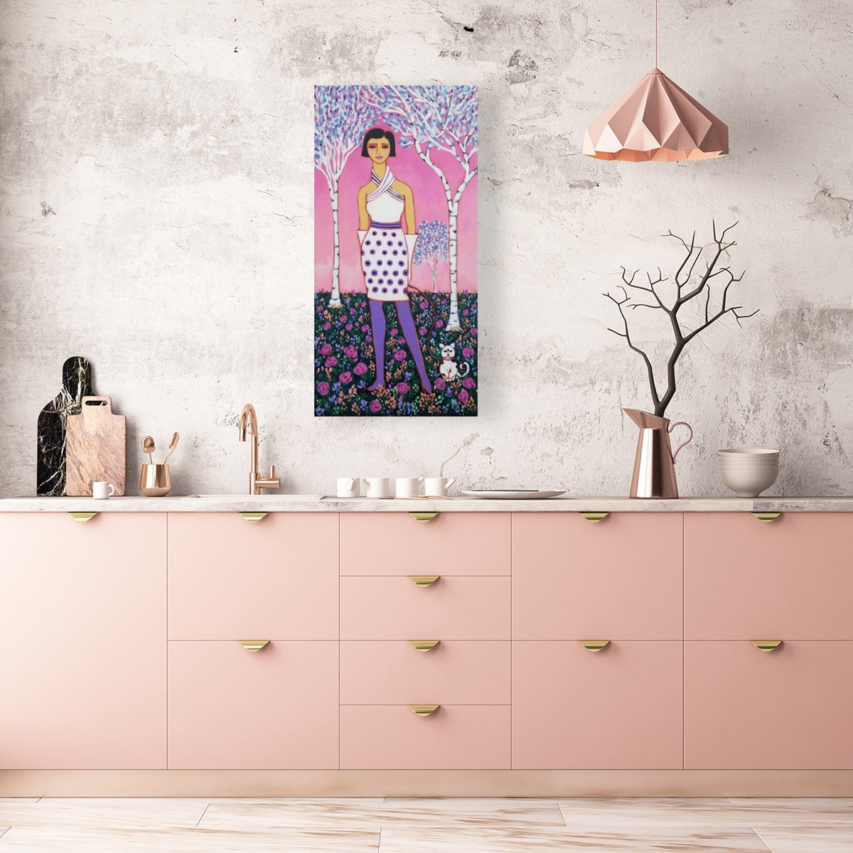 Impressionistic Portrait Acrylic Painting By Karen Rieger, 12 X 24", Evening Stroll With Cat, Original Artwork