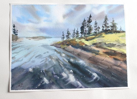 Forest river of Karelia, watercolor painting of water, pines and stones