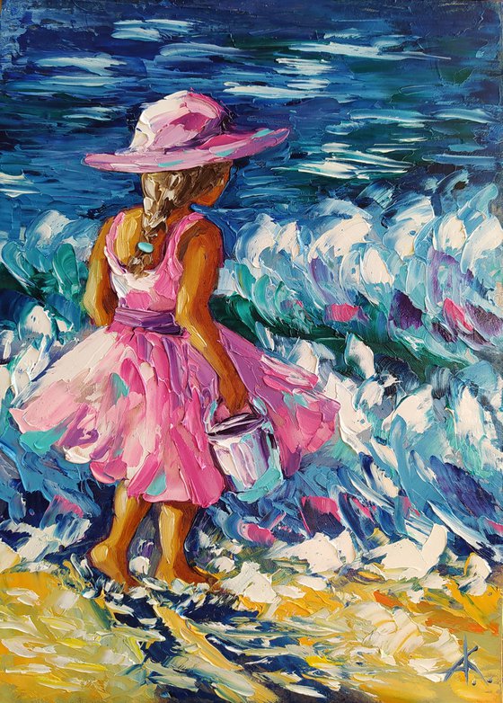 To meet the sun - oil painting, child, sea, sea and beach, childhood, sea and sky, girl, holiday, seascape, children