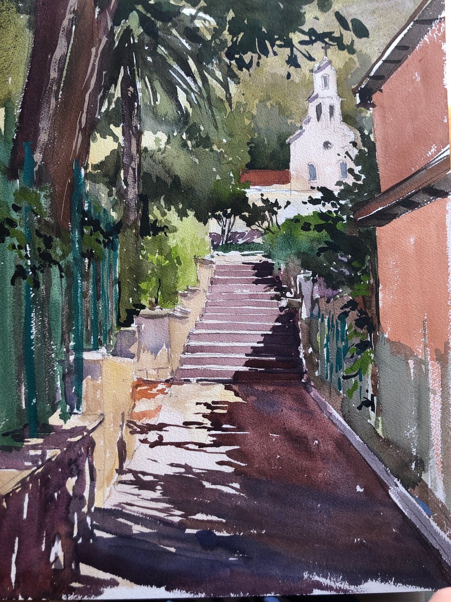 Impressionistic Landscape Watercolour By Olga Beloborodova, 17 X 24", Church, Original Artwork