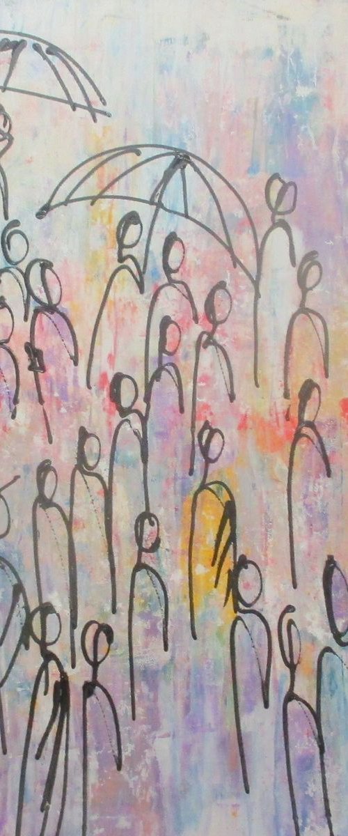 people with umbrellas - acrylpainting 90x90 cm 45,5x45,5 inch by Sonja Zeltner-Müller