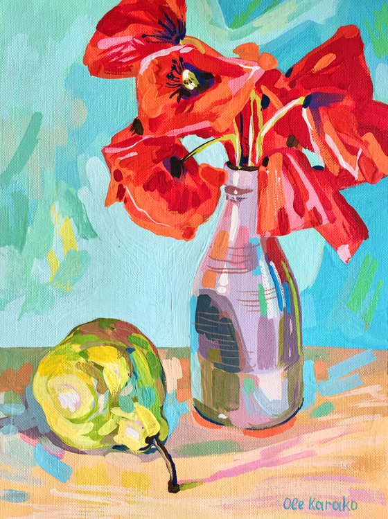 Red poppies in vase and pear